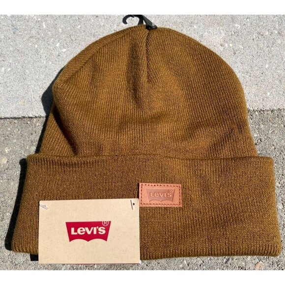 Levi's Other - Levis Tan Hero Beanie With Leather Patch 100% Acrylic One Size Fits All NWT